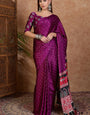 Luminous Purple Ajrakh Printed Semi Modal Silk Saree With Splendiferous Blouse Piece