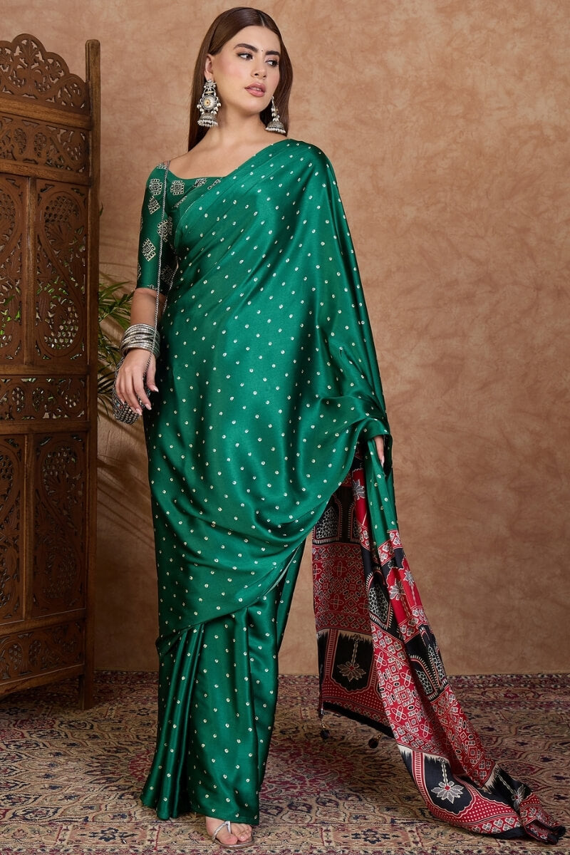 Beleaguer Dark Green Ajrakh Printed Semi Modal Silk Saree With Inspiri ...