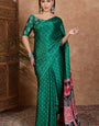 Beleaguer Dark Green Ajrakh Printed Semi Modal Silk Saree With Inspiring Blouse Piece