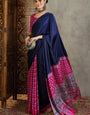 Glowing Navy Blue Ajrakh Printed Semi Modal Silk Saree With Sophisticated Blouse Piece