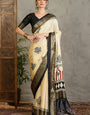 Deserving Off White Ajrakh Printed Semi Modal Silk Saree With Divine Blouse Piece