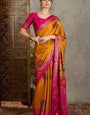 Desiring Mustard Ajrakh Printed Semi Modal Silk Saree With Invaluable Blouse Piece