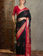 Panache Black Ajrakh Printed Semi Modal Silk Saree With Arresting Blouse Piece