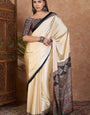 Bewitching Off White Ajrakh Printed Semi Modal Silk Saree With Prettiest Blouse Piece