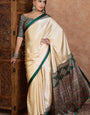 Eloquence Off White Ajrakh Printed Semi Modal Silk Saree With Bucolic Blouse Piece