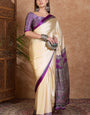 Supernal Off White Ajrakh Printed Semi Modal Silk Saree With Phenomenal Blouse Piece