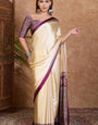Designer Off White Ajrakh Printed Semi Modal Silk Saree With Felicitous Blouse Piece