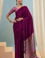 Fairytale Purple Ajrakh Printed Semi Modal Silk Saree With Winsome Blouse Piece