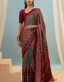 Ailurophile Red Ajrakh Printed Semi Modal Silk Saree With Aplomb Blouse Piece