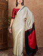 Hypnotic Off White Ajrakh Printed Semi Modal Silk Saree With Ephemeral Blouse Piece