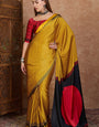 Desuetude Yellow Ajrakh Printed Semi Modal Silk Saree With Quixotic Blouse Piece