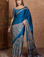 Most Stunning Rama Ajrakh Printed Semi Modal Silk Saree With Embrocation Blouse Piece