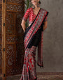 Effulgent Black Ajrakh Printed Semi Modal Silk Saree With Nebula Blouse Piece