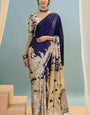 Enthralling Navy Blue Ajrakh Printed Semi Modal Silk Saree With Diaphanous Blouse Piece