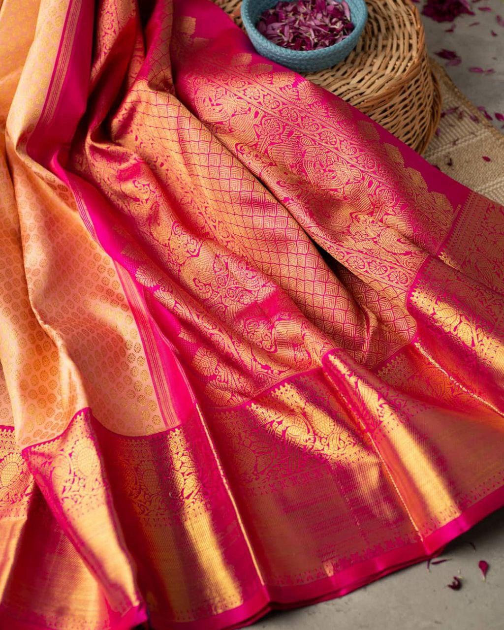 Ravishing Peach Soft Banarasi Silk Saree With Evocative Blouse Piece