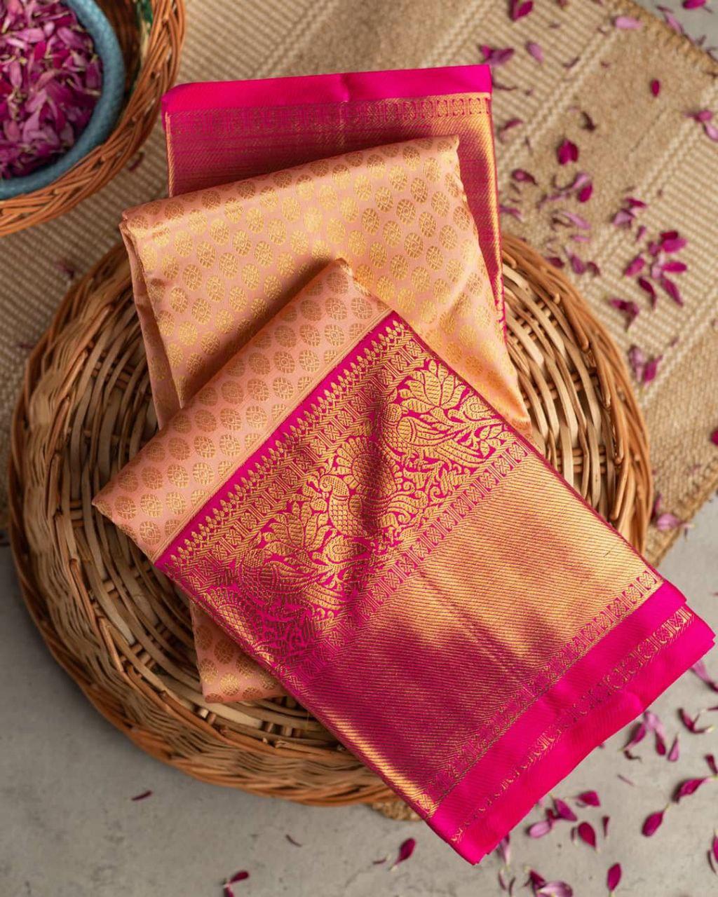 Ravishing Peach Soft Banarasi Silk Saree With Evocative Blouse Piece
