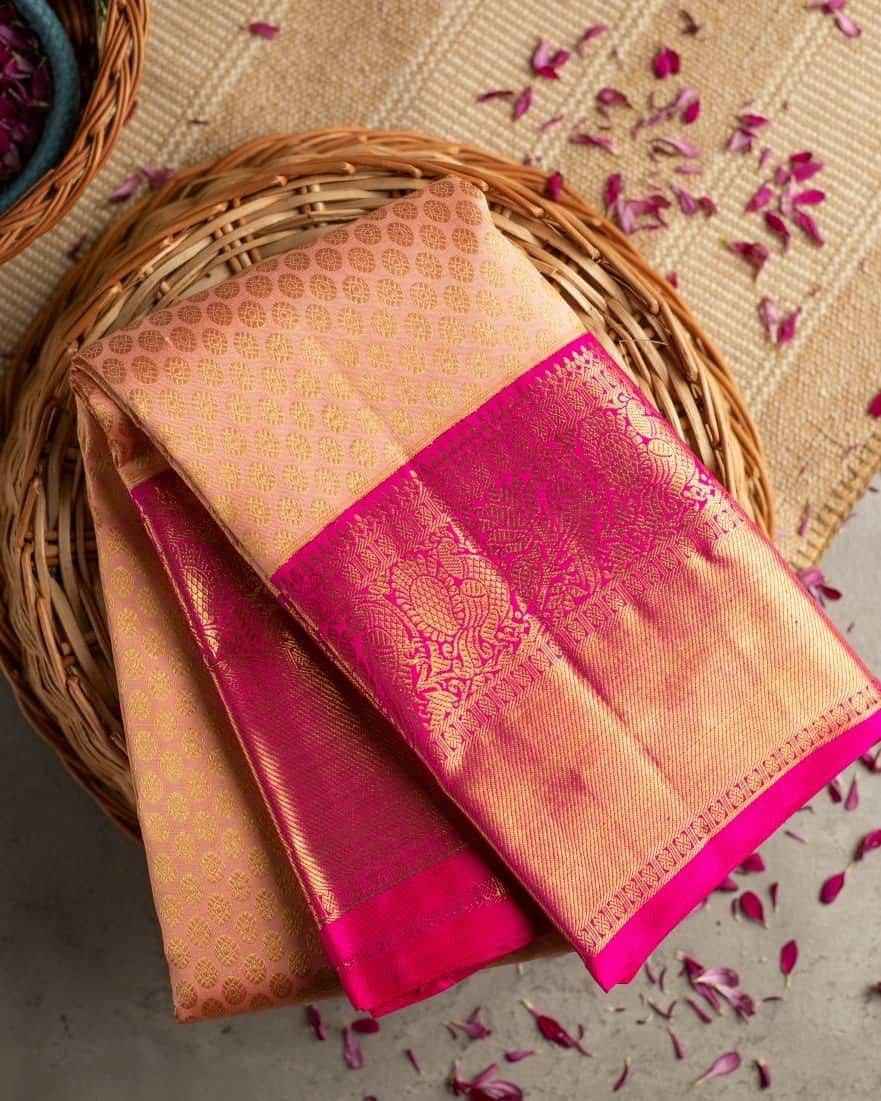 Ravishing Peach Soft Banarasi Silk Saree With Evocative Blouse Piece