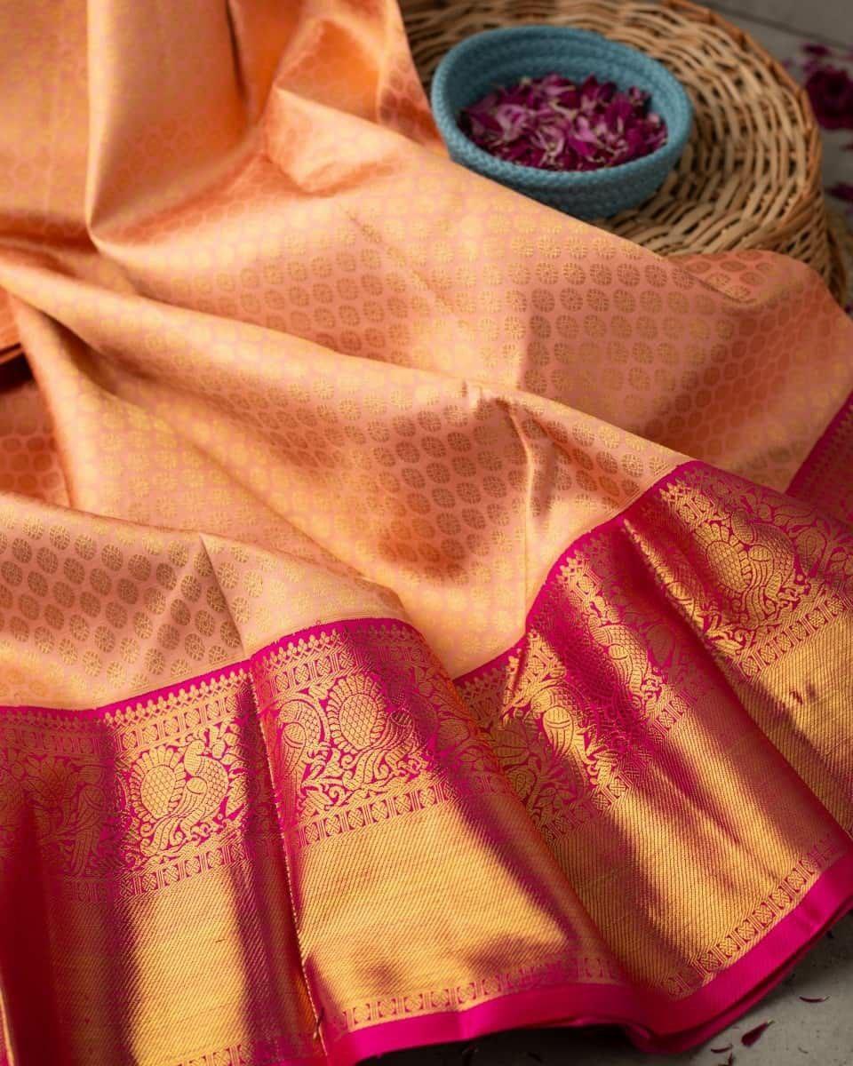 Ravishing Peach Soft Banarasi Silk Saree With Evocative Blouse Piece