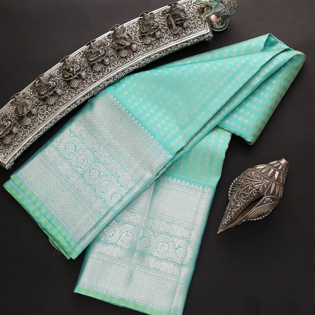Winsome Firozi Soft Silk Saree With Dalliance Blouse Piece