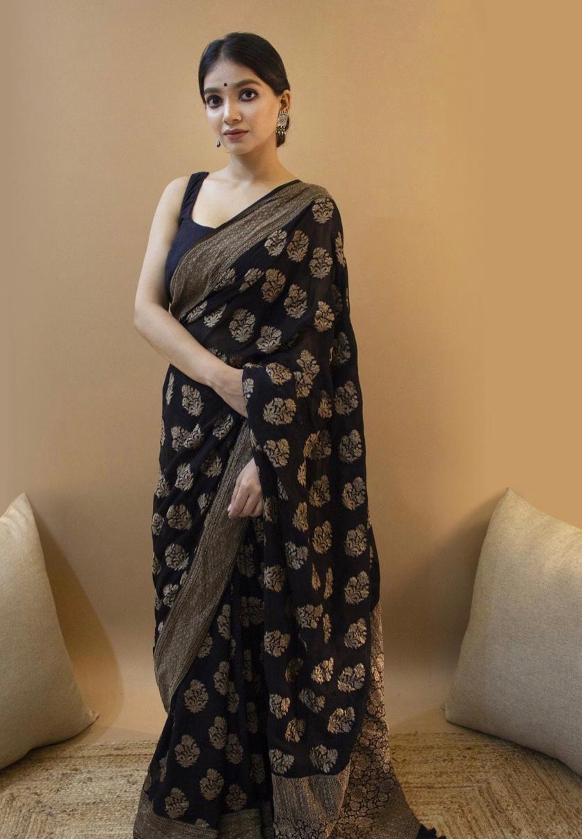 Skinny Black Soft Silk Saree With Snappy Blouse Piece