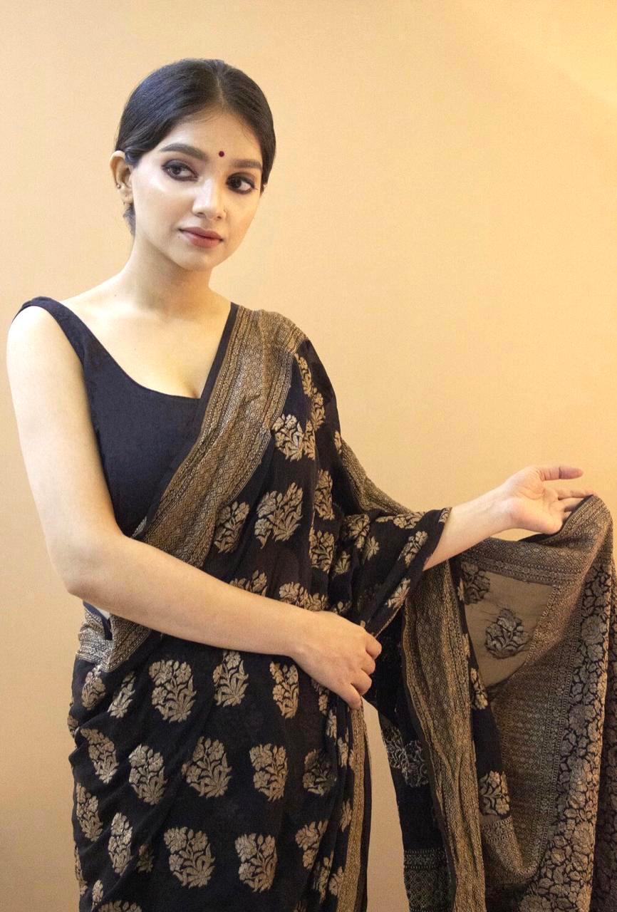 Skinny Black Soft Silk Saree With Snappy Blouse Piece