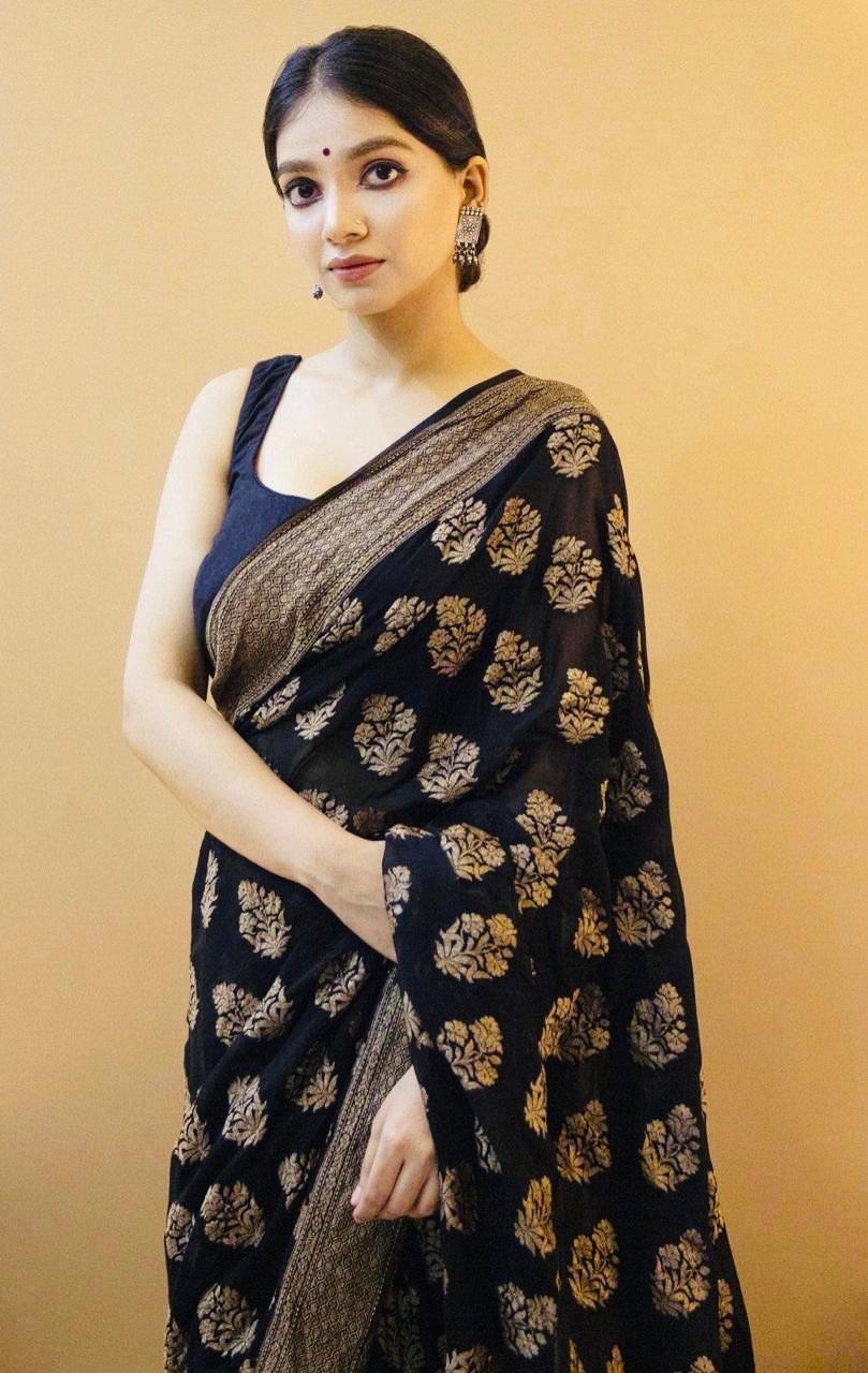 Skinny Black Soft Silk Saree With Snappy Blouse Piece