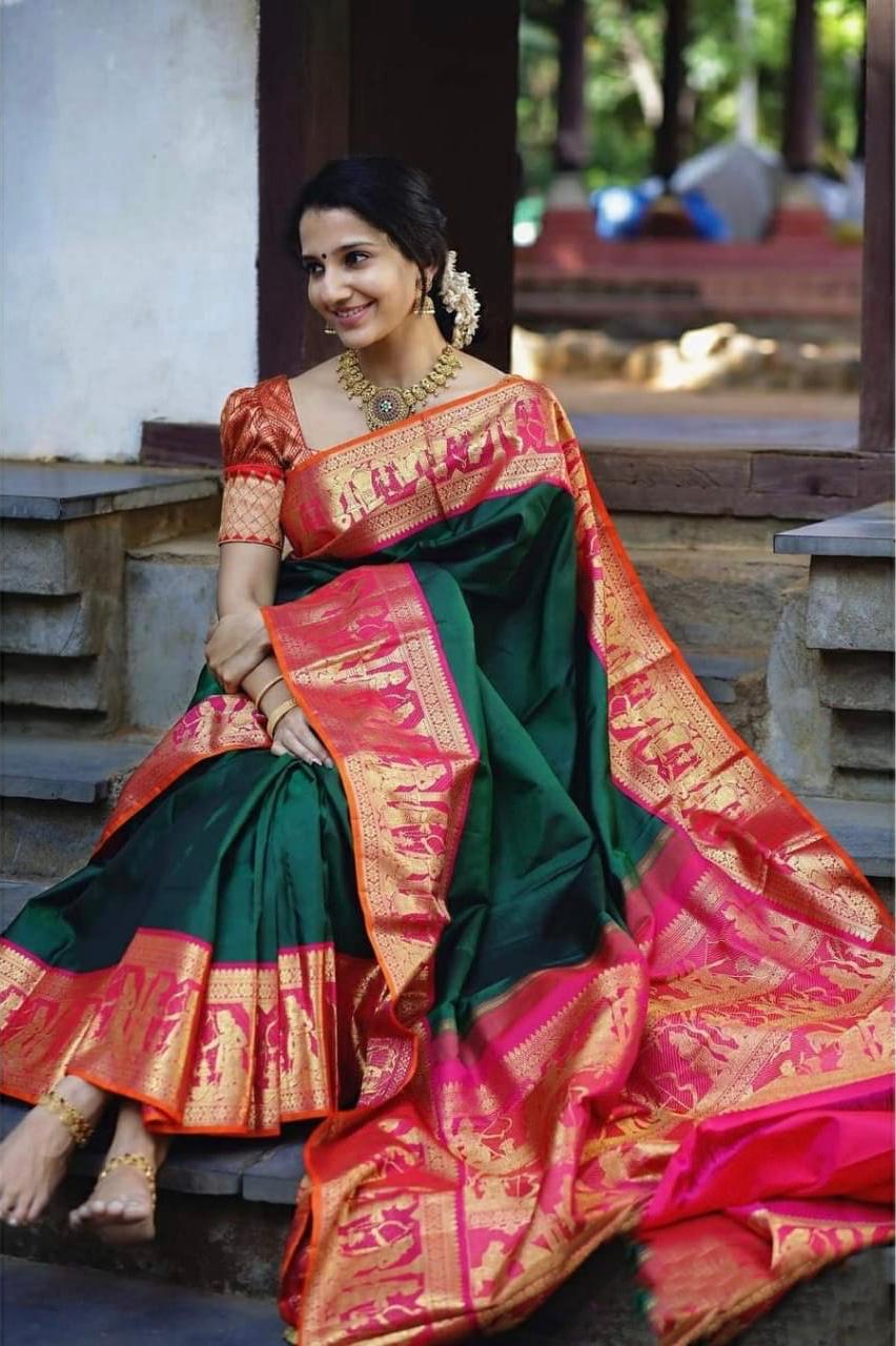 Flattering Green Soft Silk Saree With Divine Blouse Piece