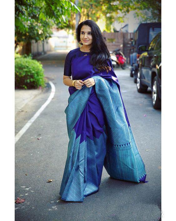 Embellished Blue Soft Silk Saree With Dalliance Blouse Piece