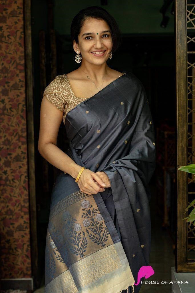Ineffable Grey Soft Silk Saree With Elision Blouse Piece
