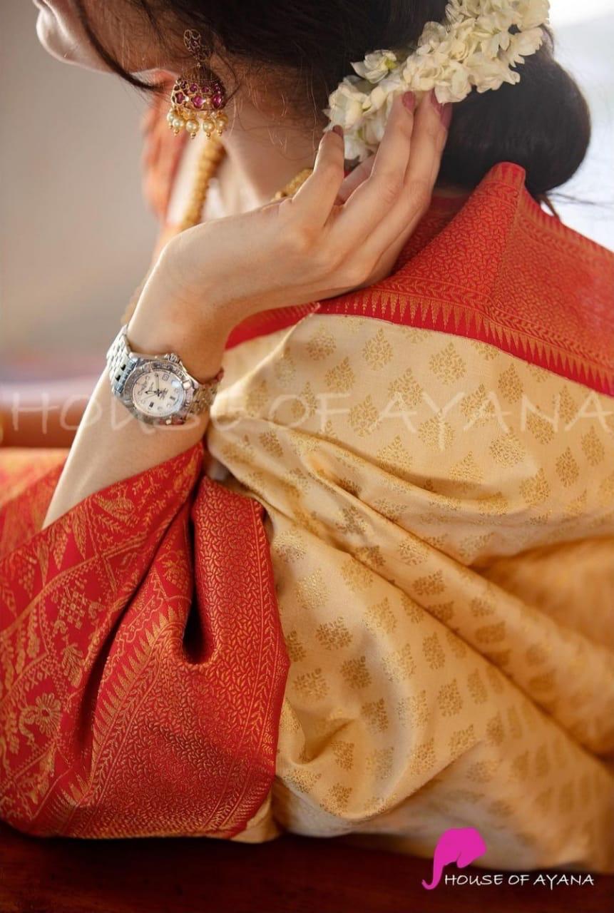 Ephemeral  Beige Soft Banarasi Silk Saree With Glowing Blouse Piece