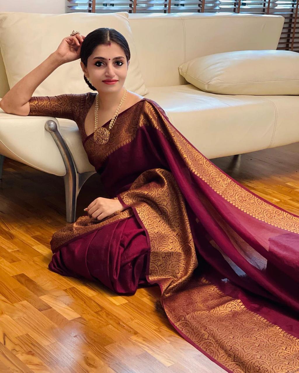 Marvellous Wine Soft Silk Saree With Wonderful Blouse Piece