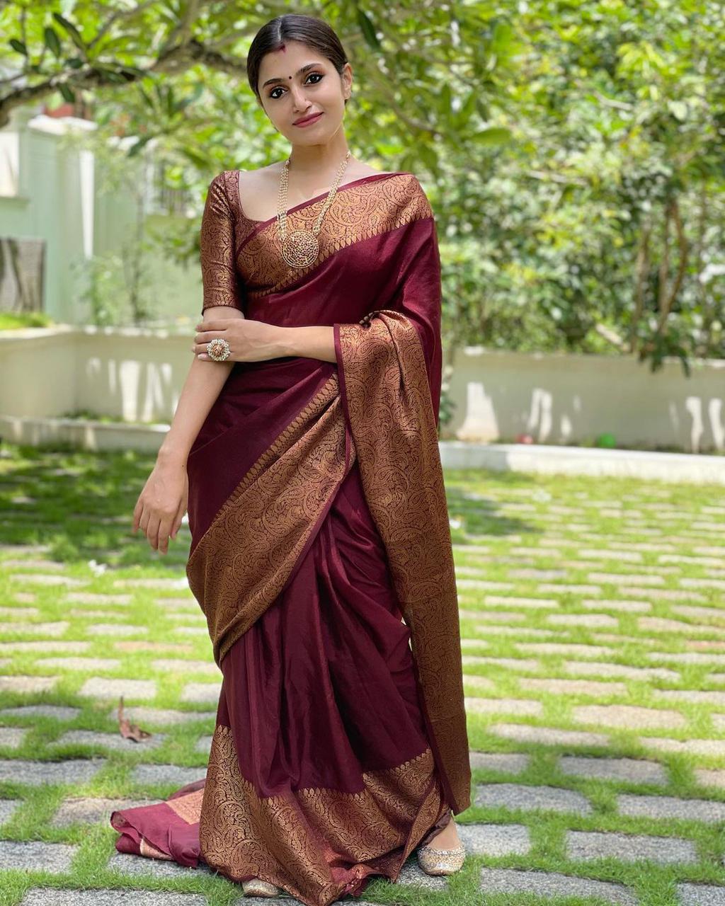 Marvellous Wine Soft Silk Saree With Wonderful Blouse Piece