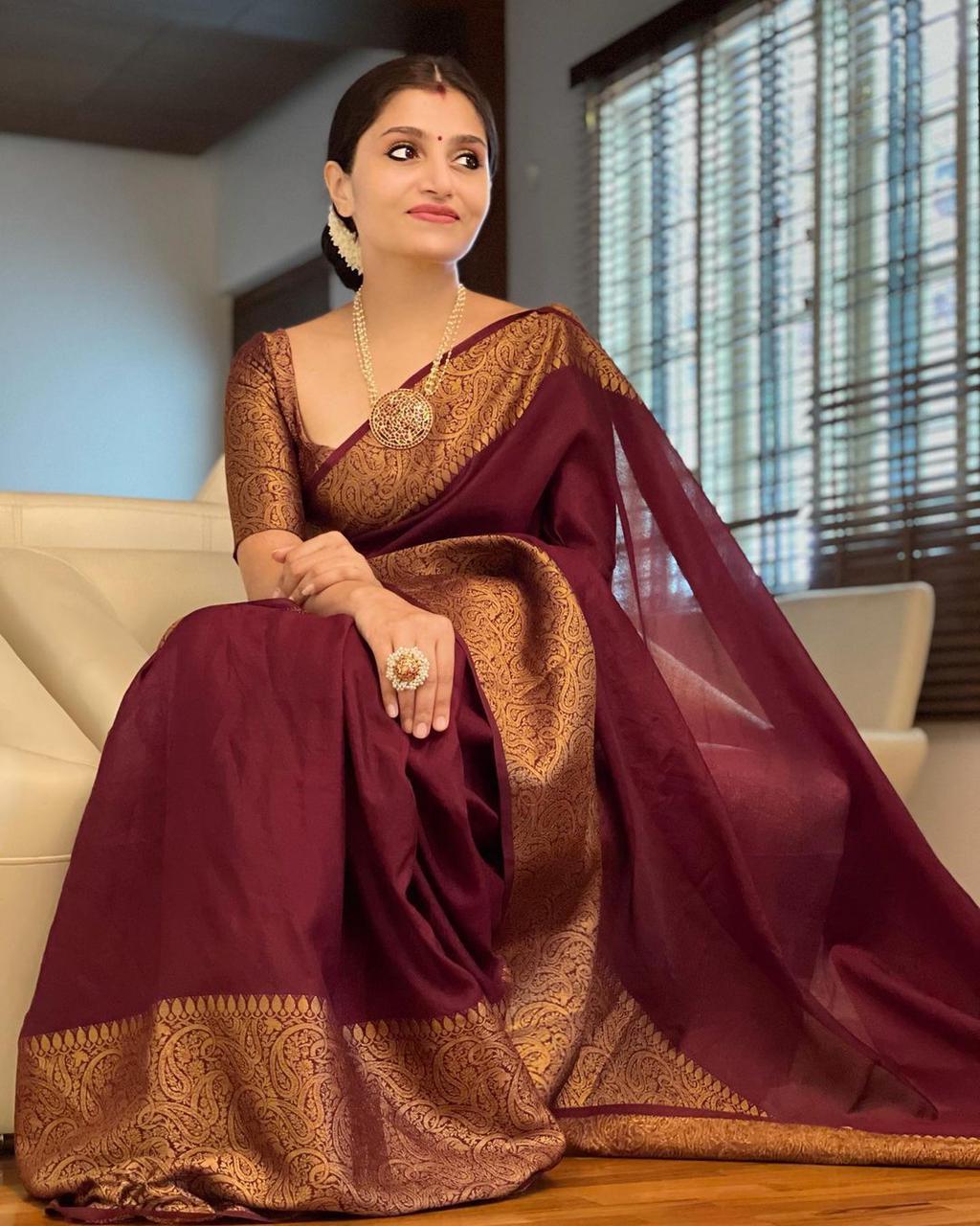 Marvellous Wine Soft Silk Saree With Wonderful Blouse Piece