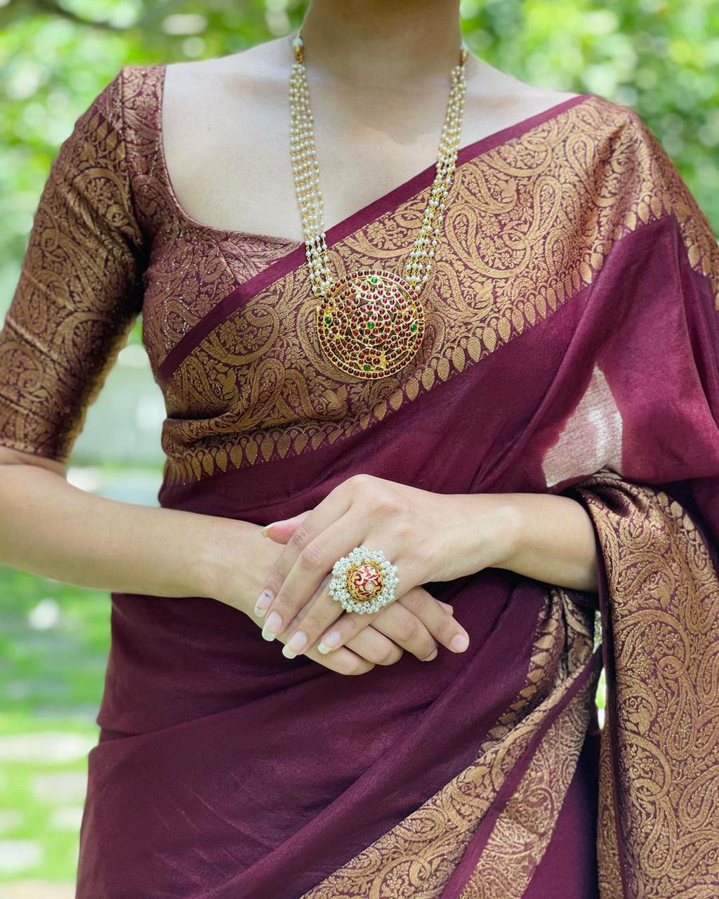 Marvellous Wine Soft Silk Saree With Wonderful Blouse Piece