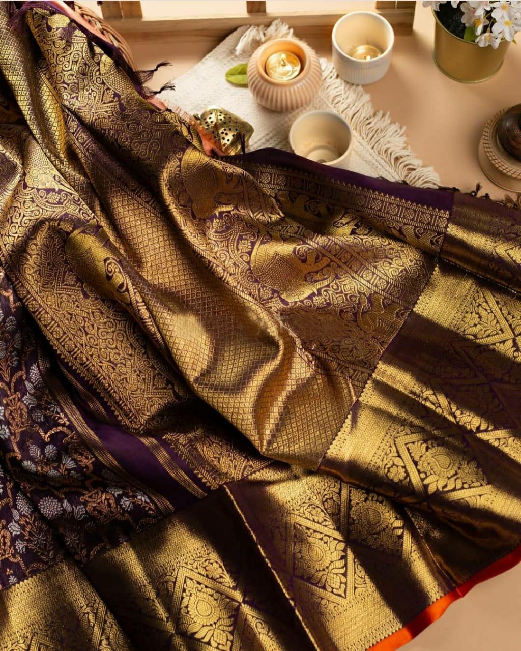 Beguiling Wine Soft Banarasi Silk Saree With Luxuriant Blouse Piece