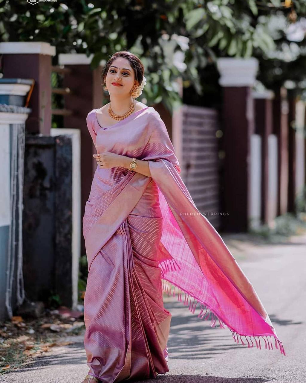 Charming Pink Soft Silk Saree With Petrichor Blouse Piece