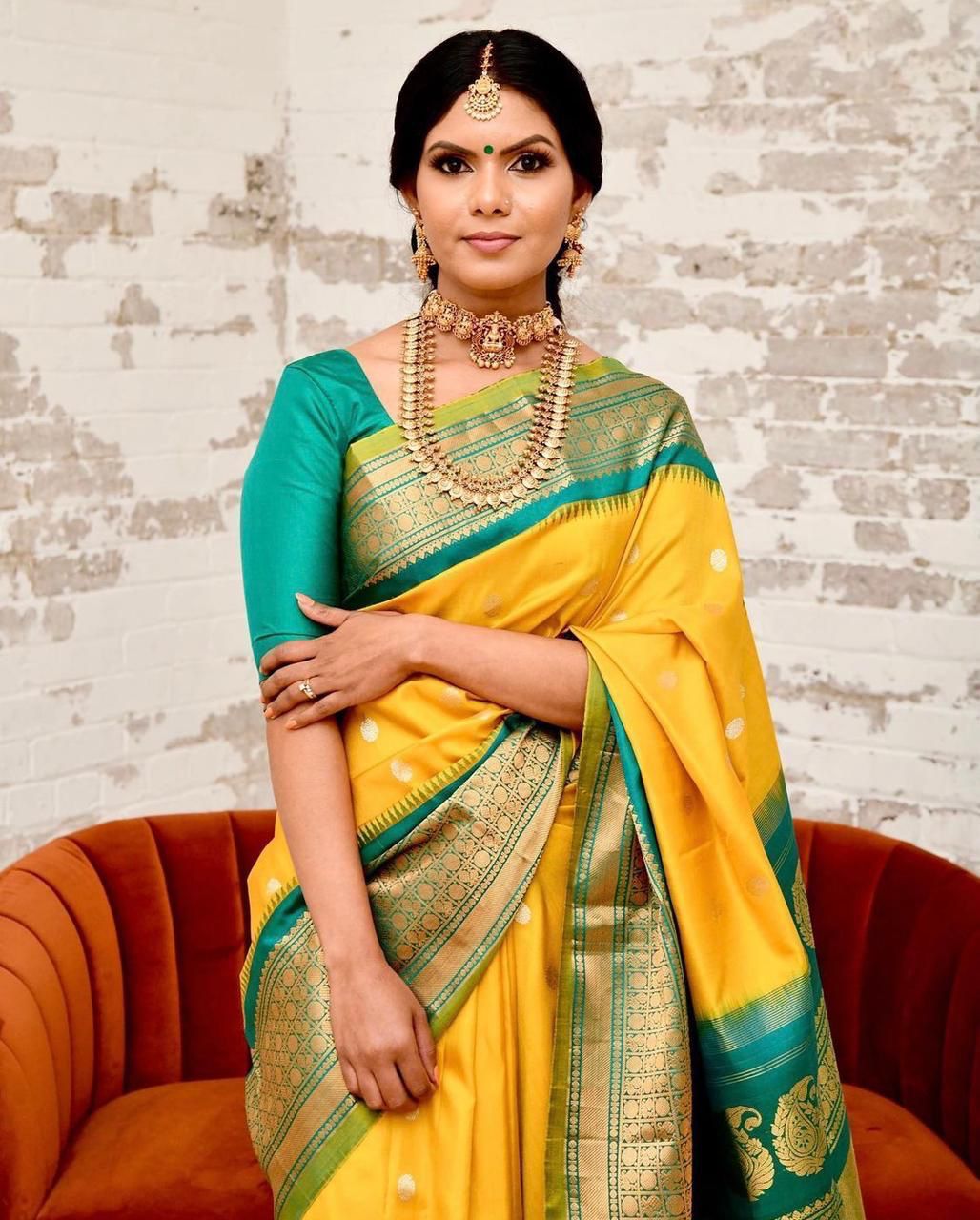 Ravishing Yellow Soft Banarasi Silk Saree With Charming Blouse Piece