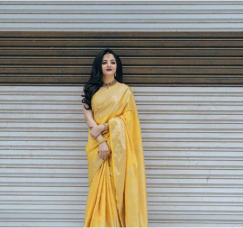 Radiant Yellow Soft Banarasi Silk Saree With Sensational Blouse Piece