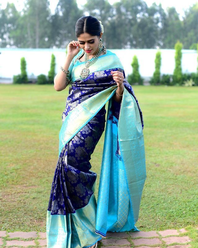 Blissful Blue Soft Banarsi Silk Saree With Glorious Blouse Piece