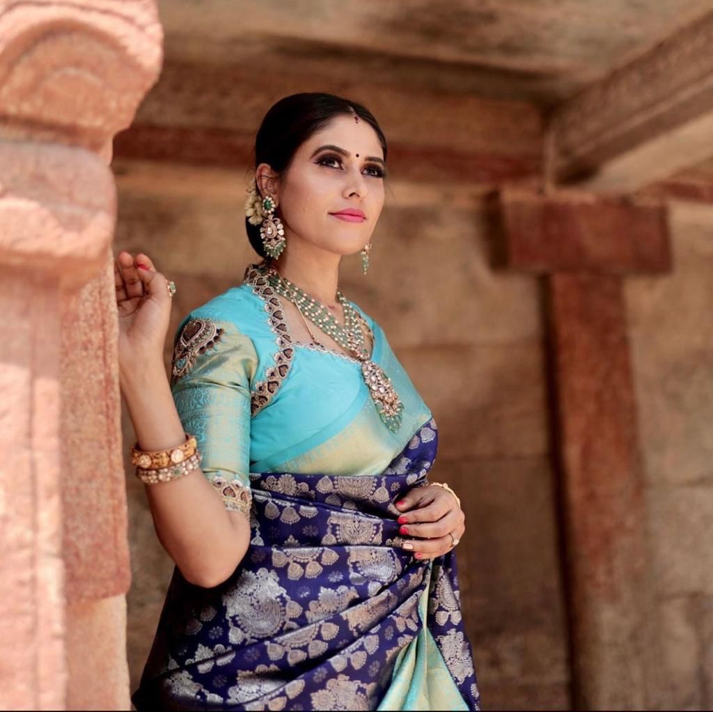 Blissful Blue Soft Banarsi Silk Saree With Glorious Blouse Piece