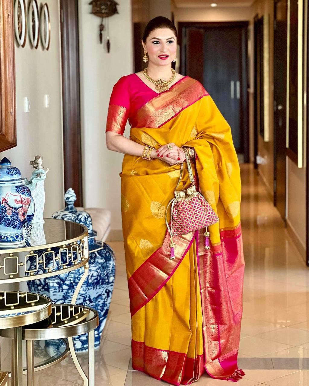 Prettiest Yellow Soft Banarasi Silk Saree With Blissful Blouse Piece