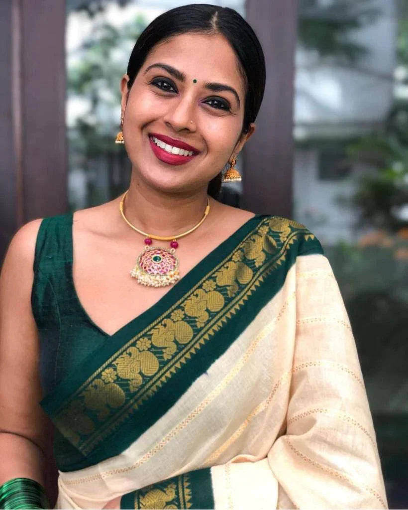 Exemplary Off White Soft Silk Saree With Angelic Blouse Piece