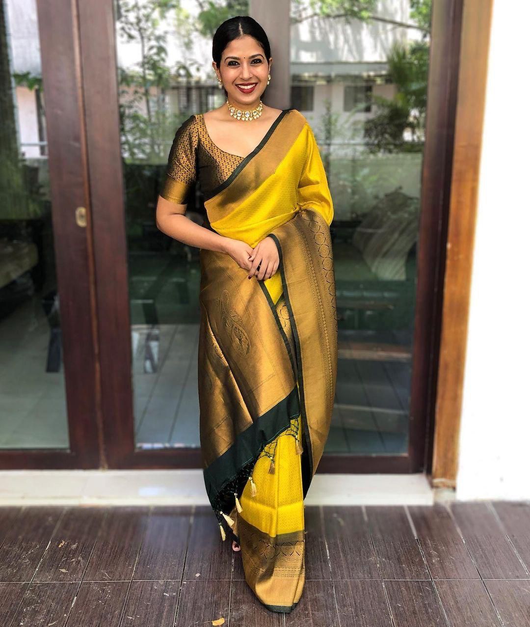 Demesne Yellow Soft Silk Saree With Gossamer Blouse Piece