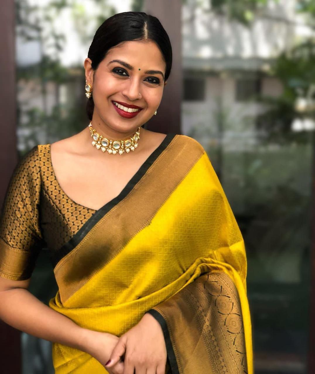 Demesne Yellow Soft Silk Saree With Gossamer Blouse Piece