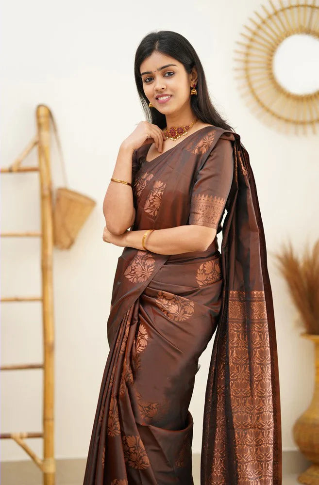 Alluring Brown Soft Silk Saree With Confounding Blouse Piece