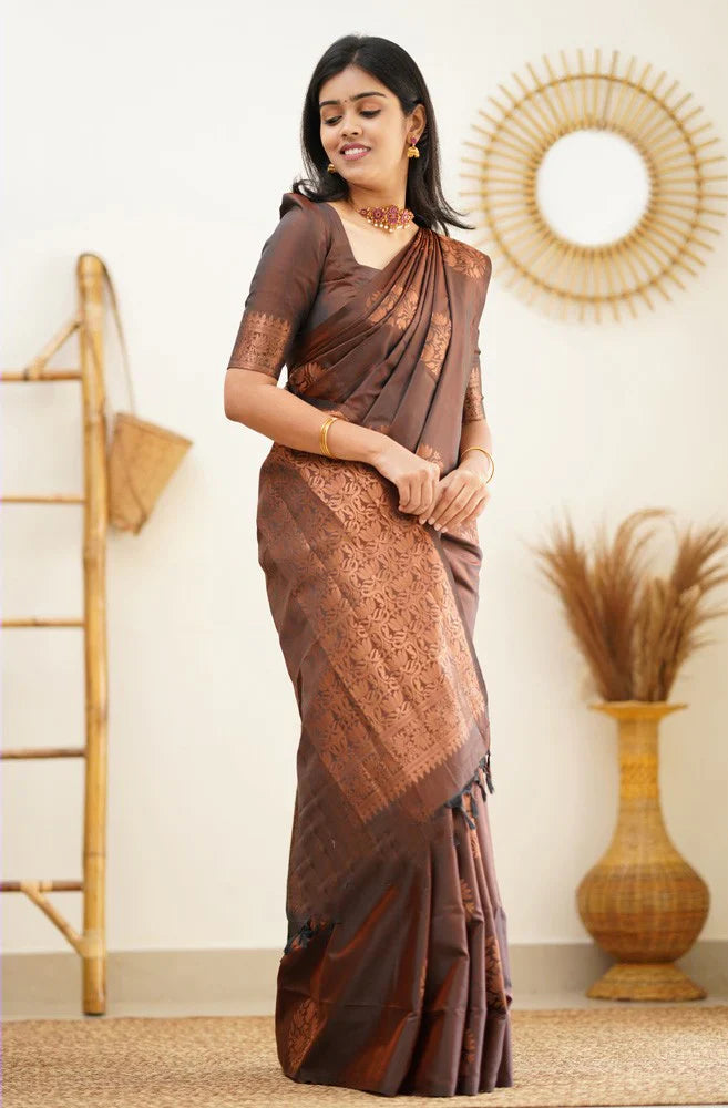 Alluring Brown Soft Silk Saree With Confounding Blouse Piece