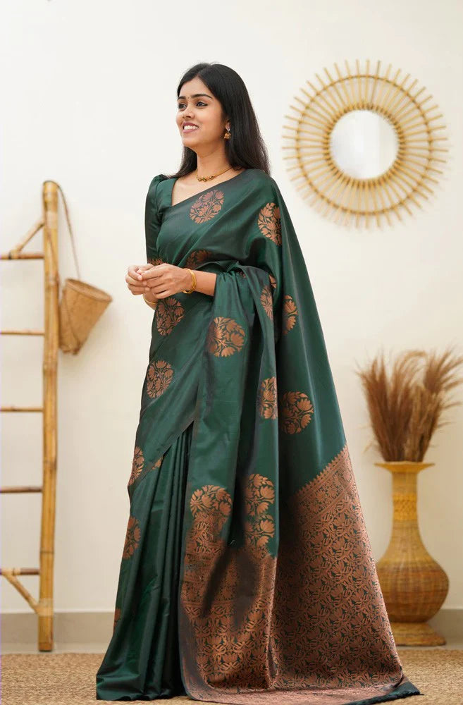 Radiant Dark Green Soft Silk Saree With Enchanting Blouse Piece