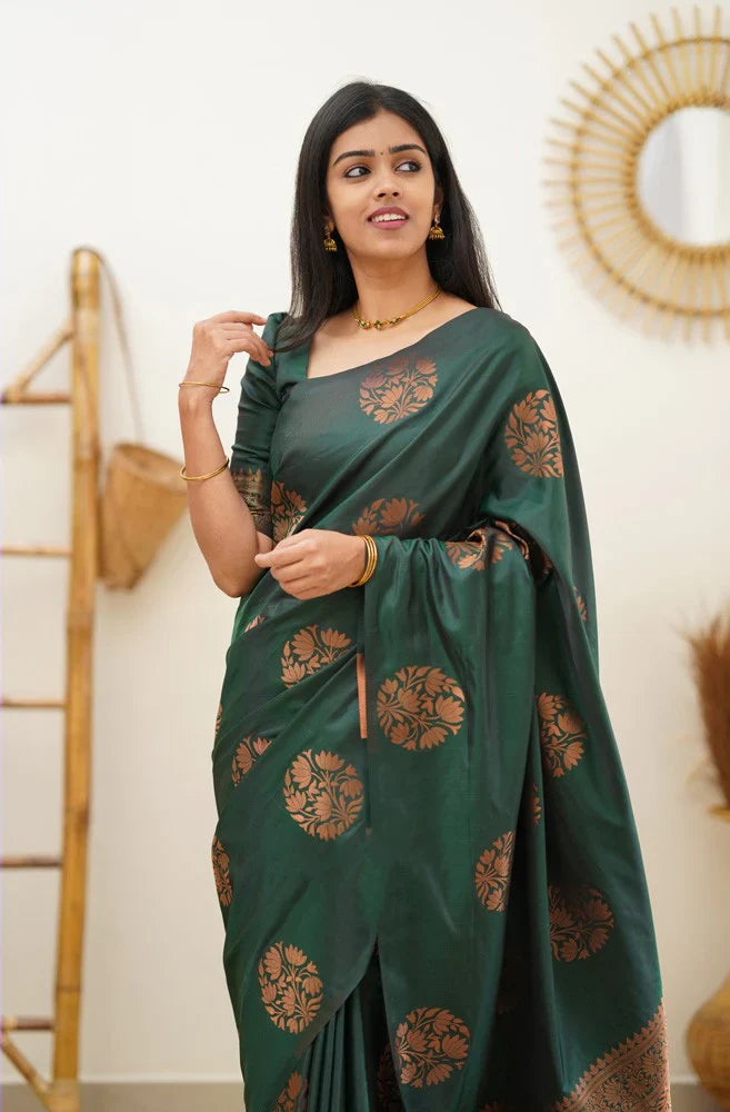 Radiant Dark Green Soft Silk Saree With Enchanting Blouse Piece