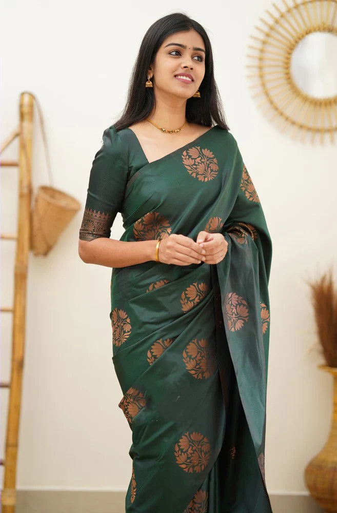 Radiant Dark Green Soft Silk Saree With Enchanting Blouse Piece