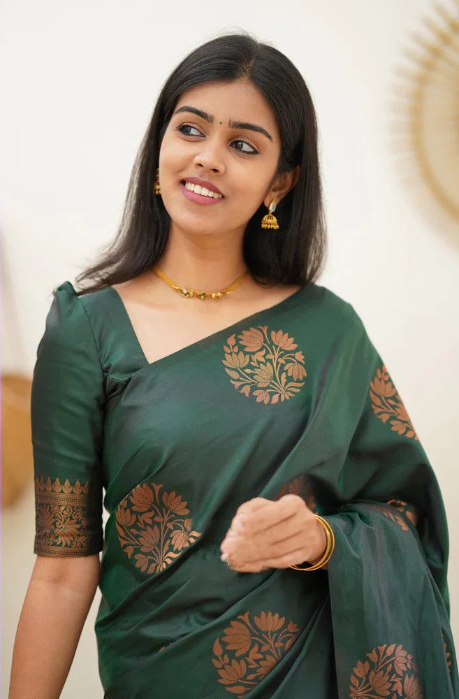 Radiant Dark Green Soft Silk Saree With Enchanting Blouse Piece